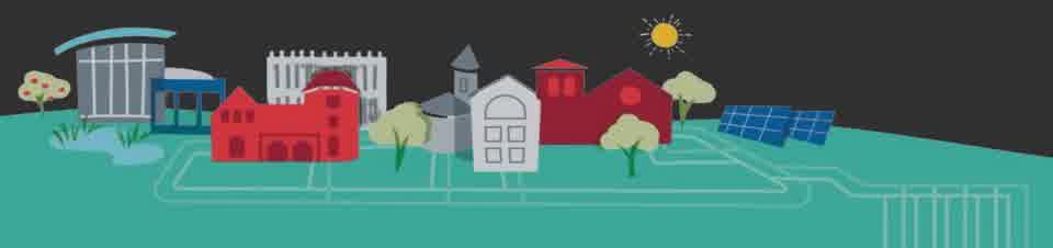 An illustration of campus buildings, solar panels, and the underground connections between them