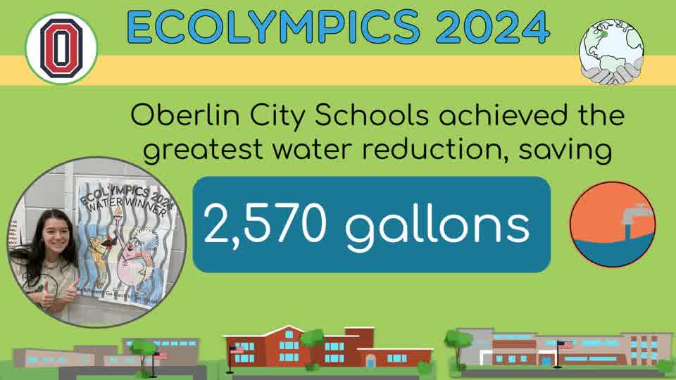 Ecolympics 2024 slide: Oberlin City Schools achieved the greatest water reduction, saving 2,570 gallons