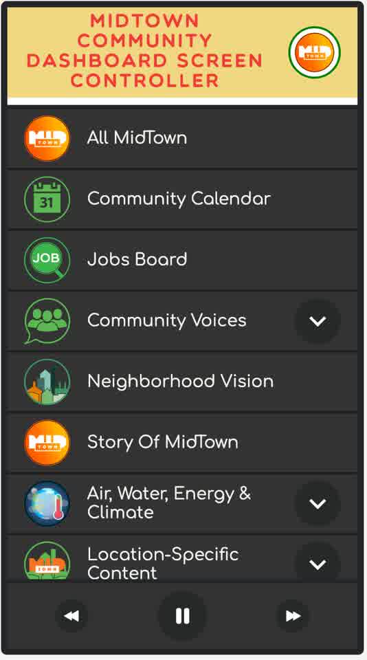 The MidTown Community Dashboard Screen Controller on a phone, listing Community Calendar, Jobs Board, Community Voices and more