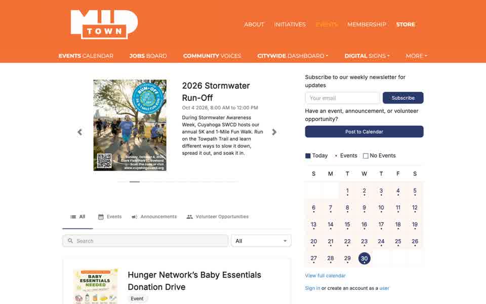 The MidTown Community Calendar, with a Post to Calendar button and tabs for events, announcements and volunteer opportunities