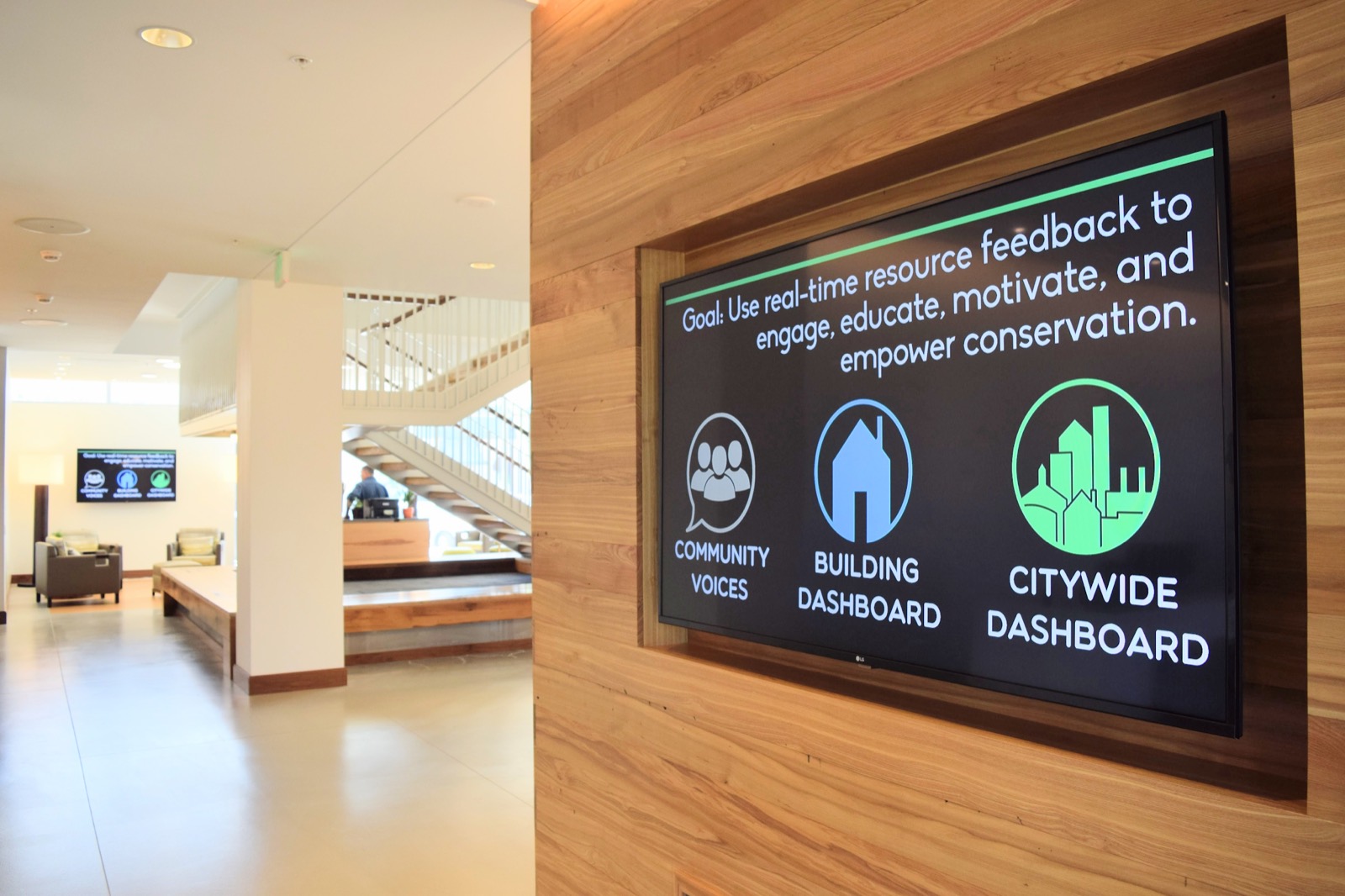 A signage screen on a wood-panelled lobby wall, with Community Voices, Building Dashboard and Citywide Dashboard choices